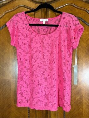 Kenar Hot Pink Floral Lace Short Sleeve Top